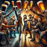 DALL·E 2024-01-04 10.27.52 - A dynamic and imaginative scene depicting a Dark vs. Bright Beer Fight. The image shows two groups of people, each representing a different type of .png